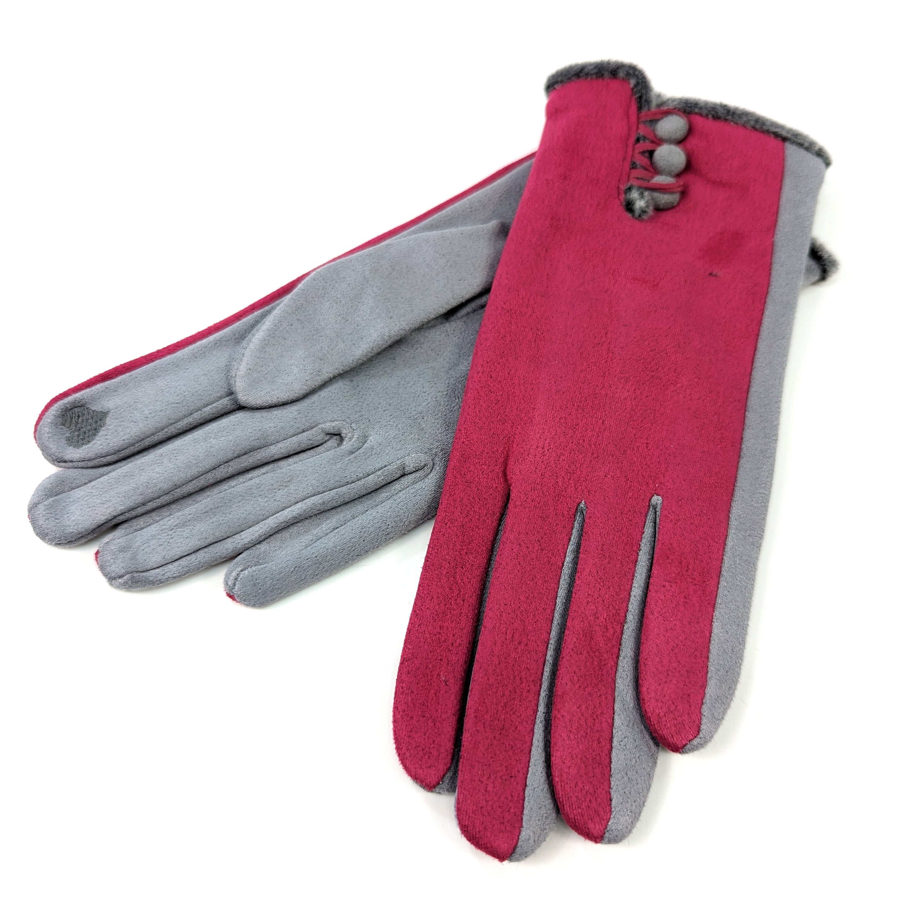 Bicolour Suede Effect Gloves with Faux Fur Trim - Pink/Grey