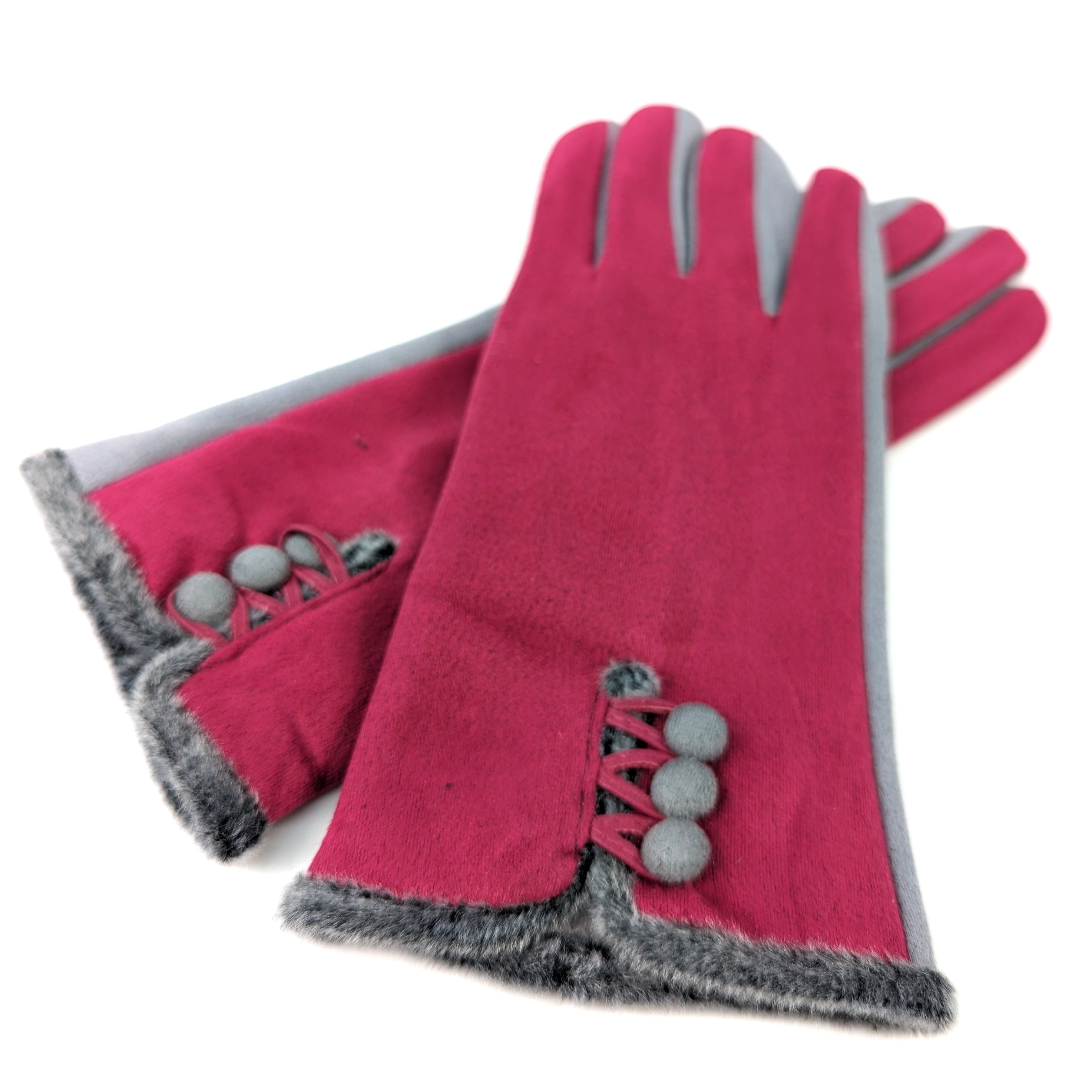 Bicolour Suede Effect Gloves with Faux Fur Trim - Pink/Grey