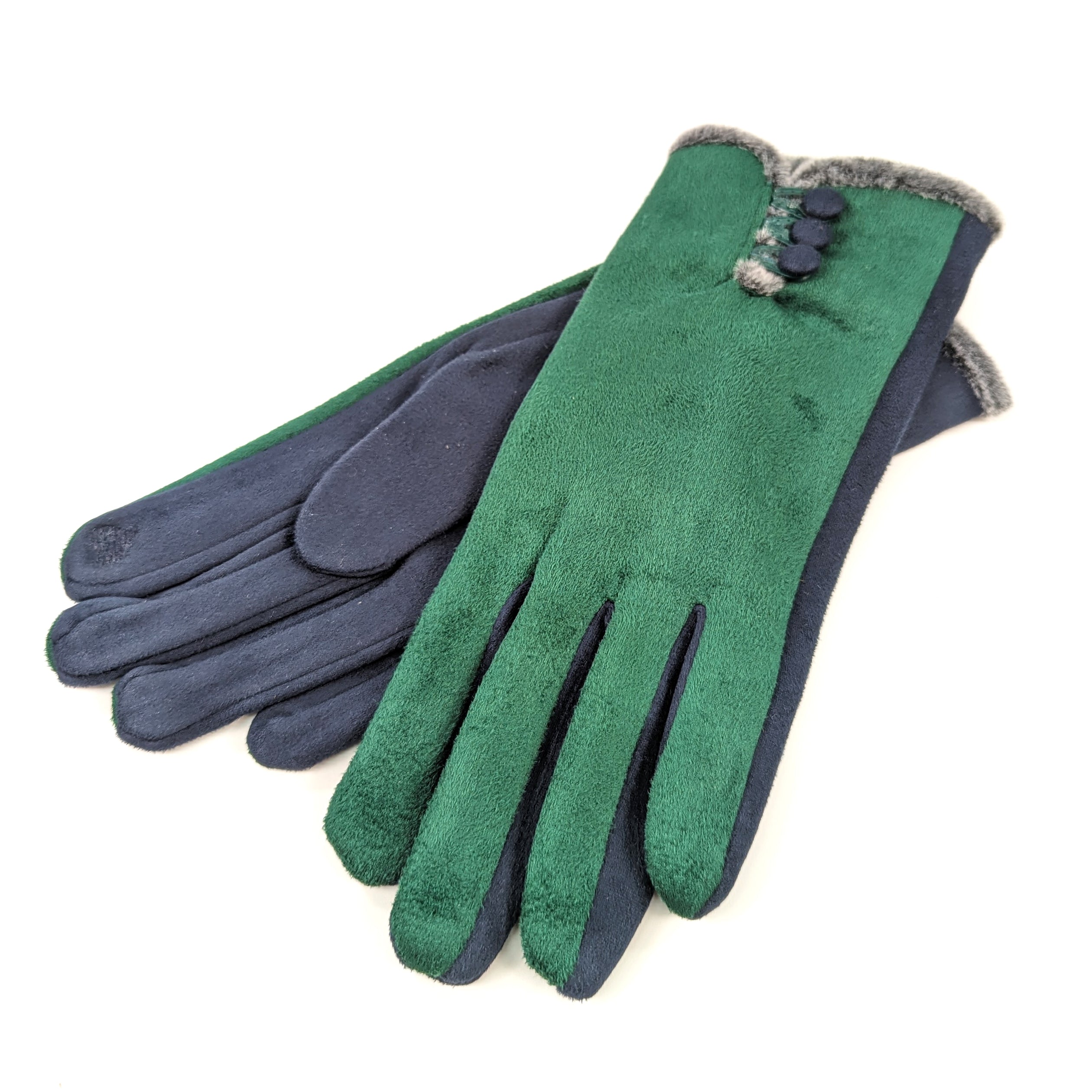 Bicolour Suede Effect Gloves with Faux Fur Trim - Green/Navy