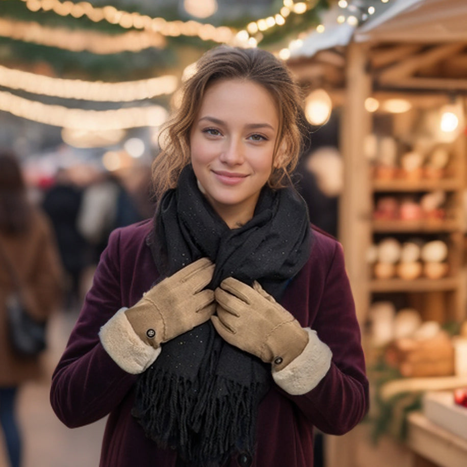 Sheepskin Style Gloves with Faux Fur Trim - Latte