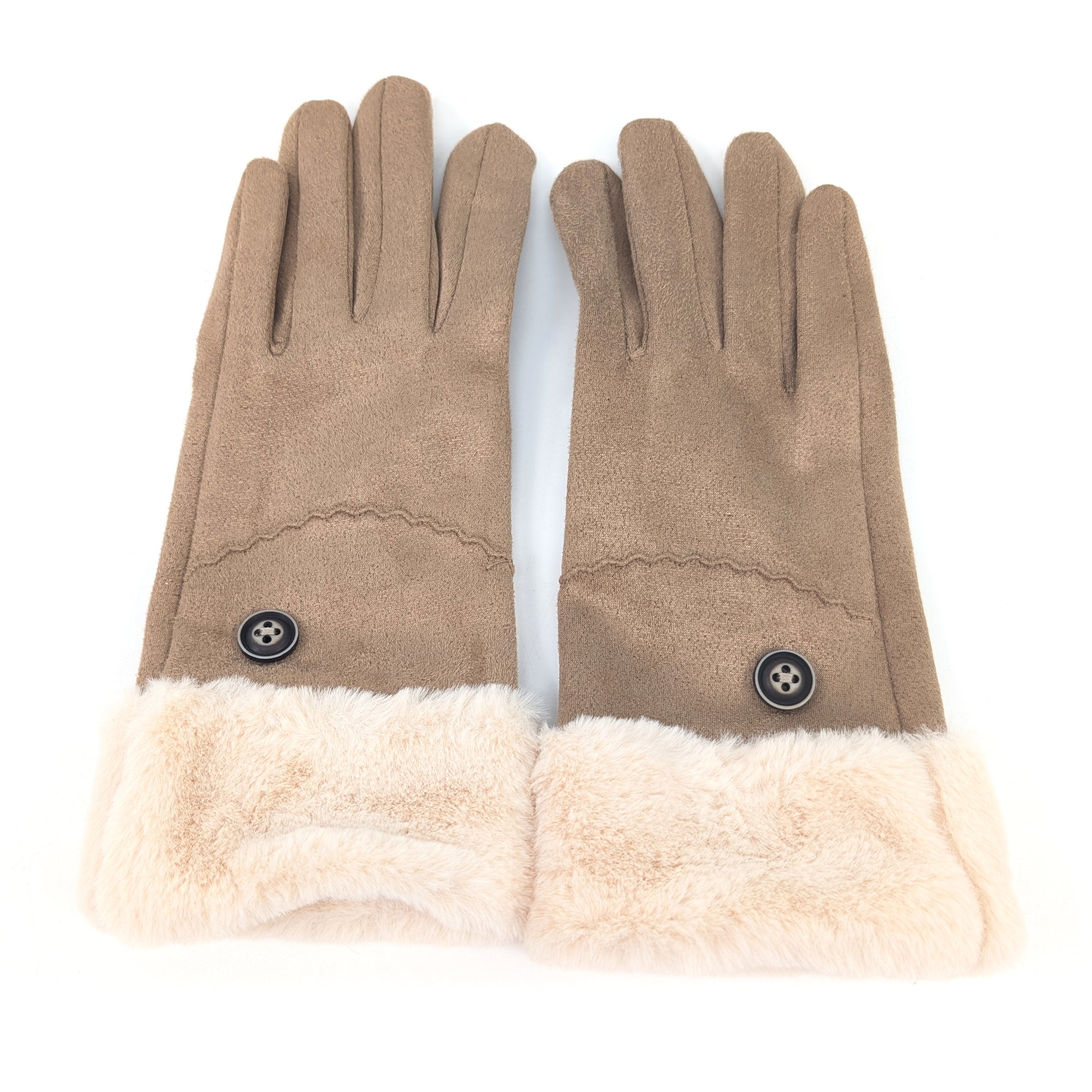 Sheepskin Style Gloves with Faux Fur Trim - Latte