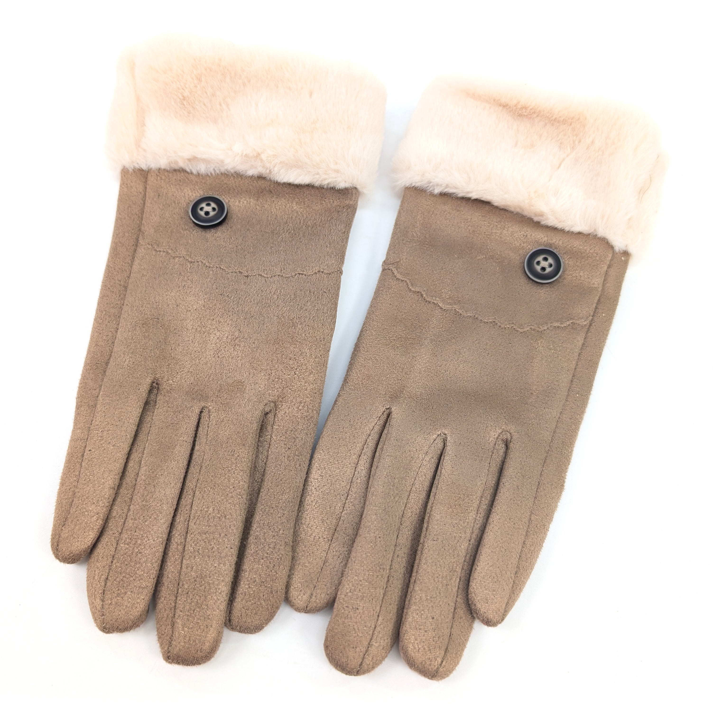 Sheepskin Style Gloves with Faux Fur Trim - Latte