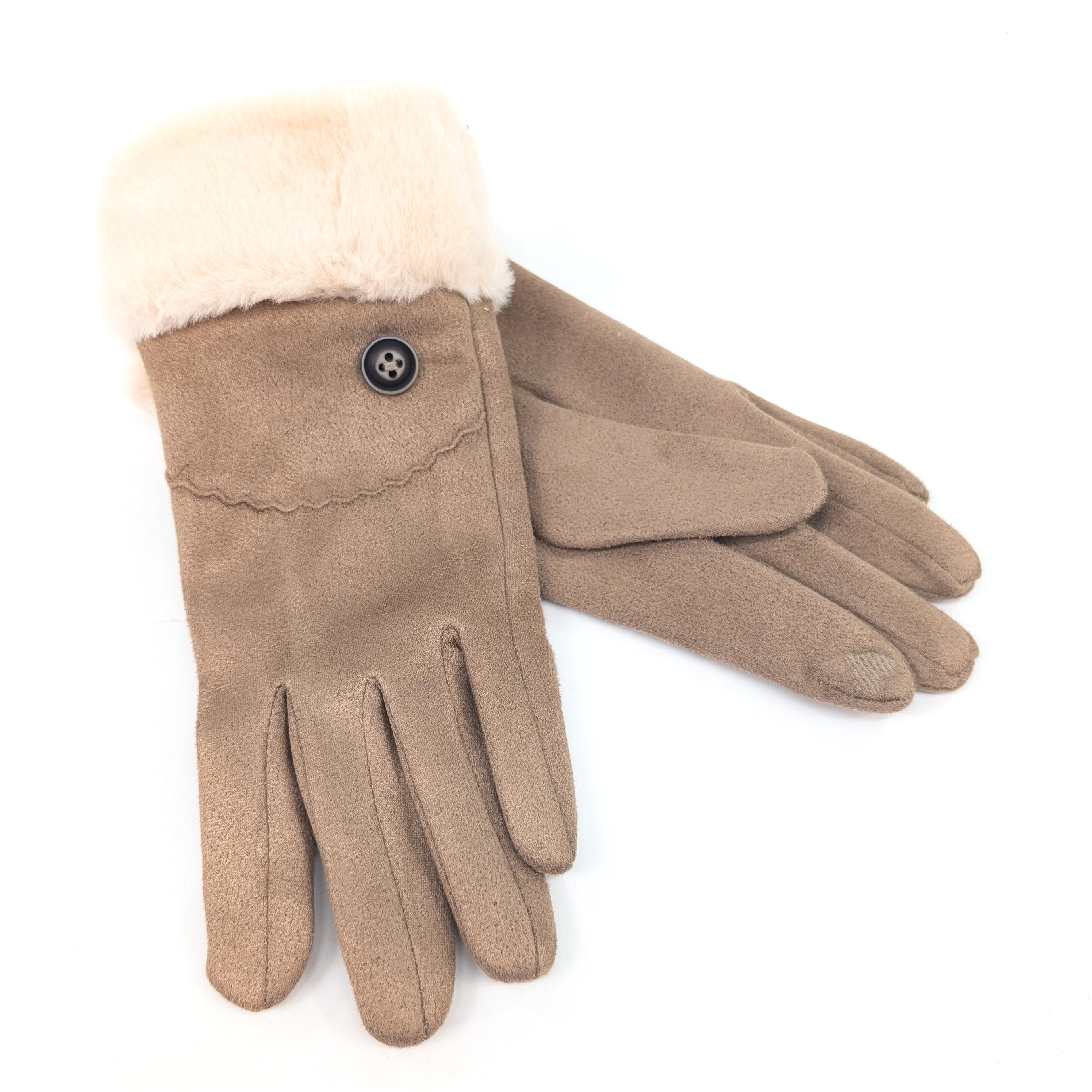 Sheepskin Style Gloves with Faux Fur Trim - Latte