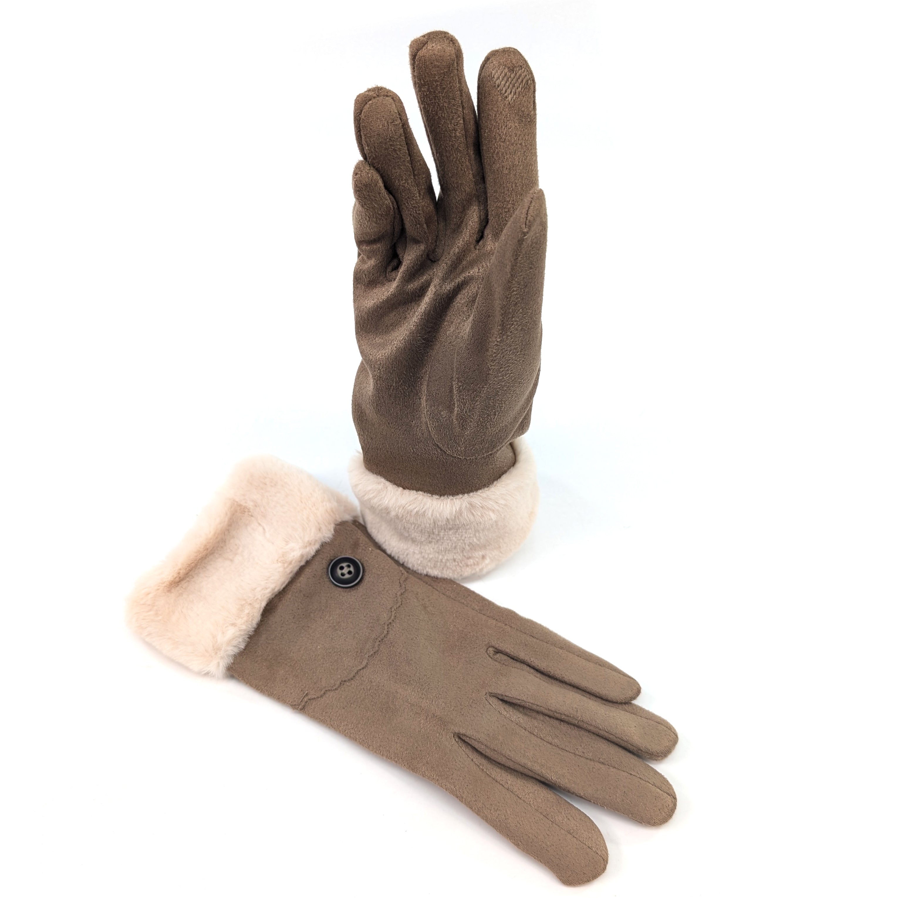 Sheepskin Style Gloves with Faux Fur Trim - Latte