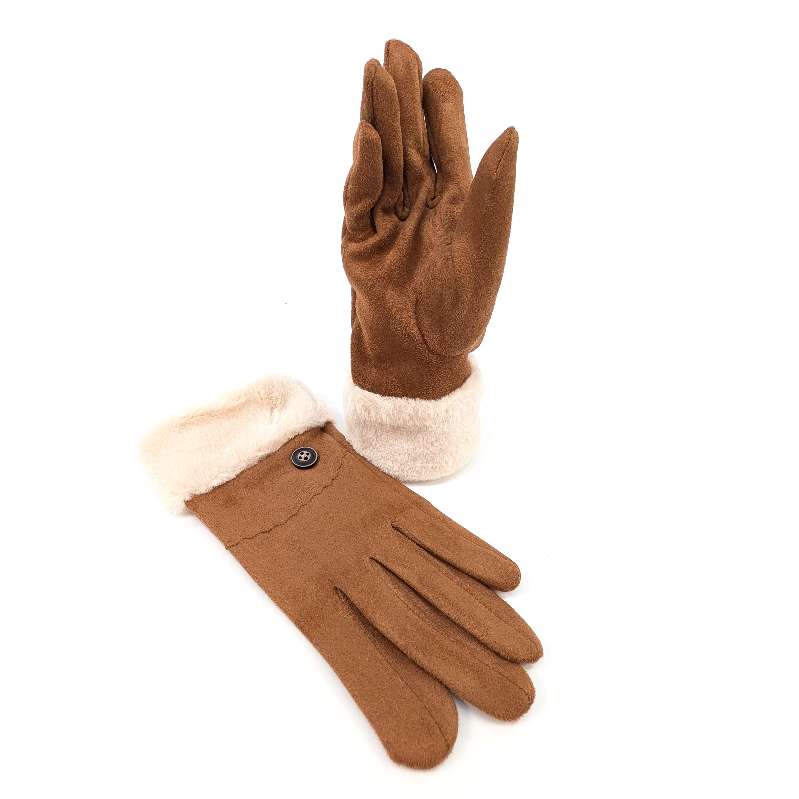 Sheepskin Style Gloves with Faux Fur Trim - Tan