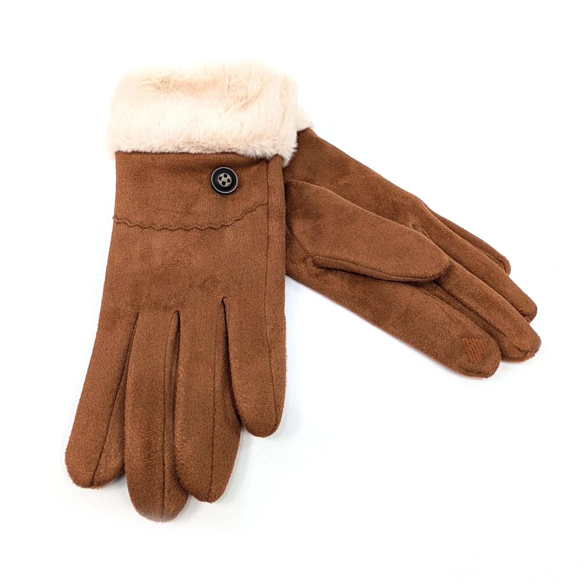 Sheepskin Style Gloves with Faux Fur Trim - Tan