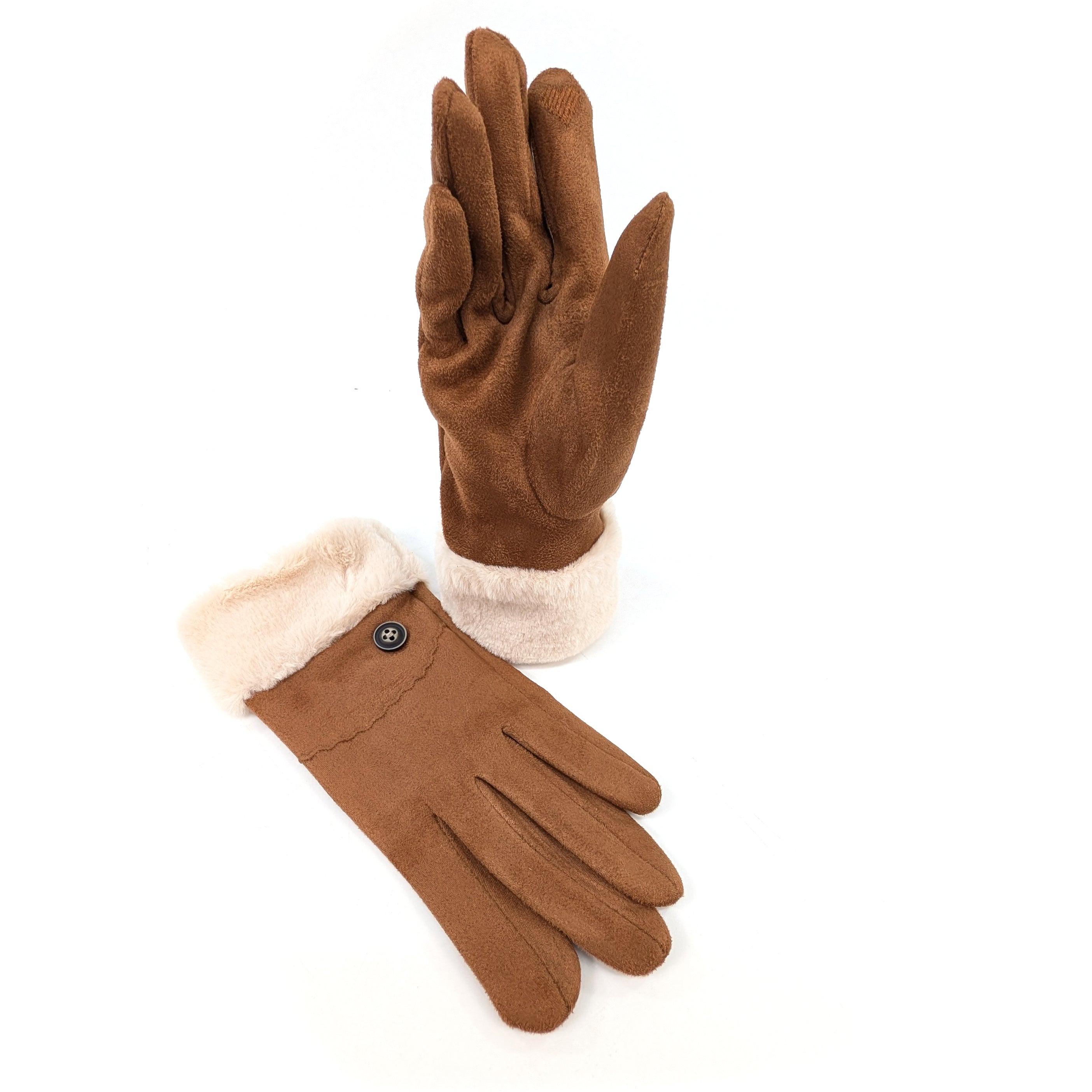 Sheepskin Style Gloves with Faux Fur Trim - Tan