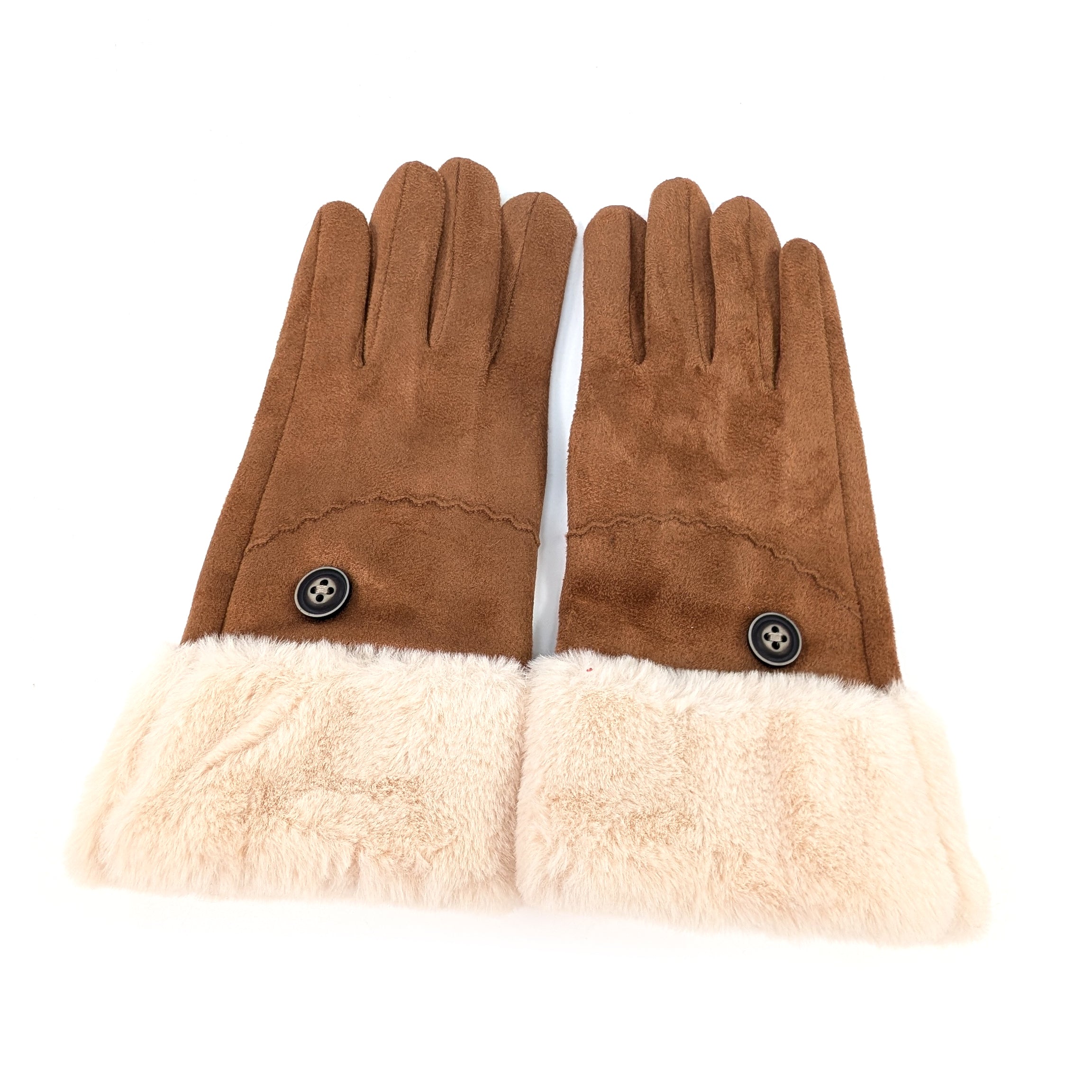 Sheepskin Style Gloves with Faux Fur Trim - Tan