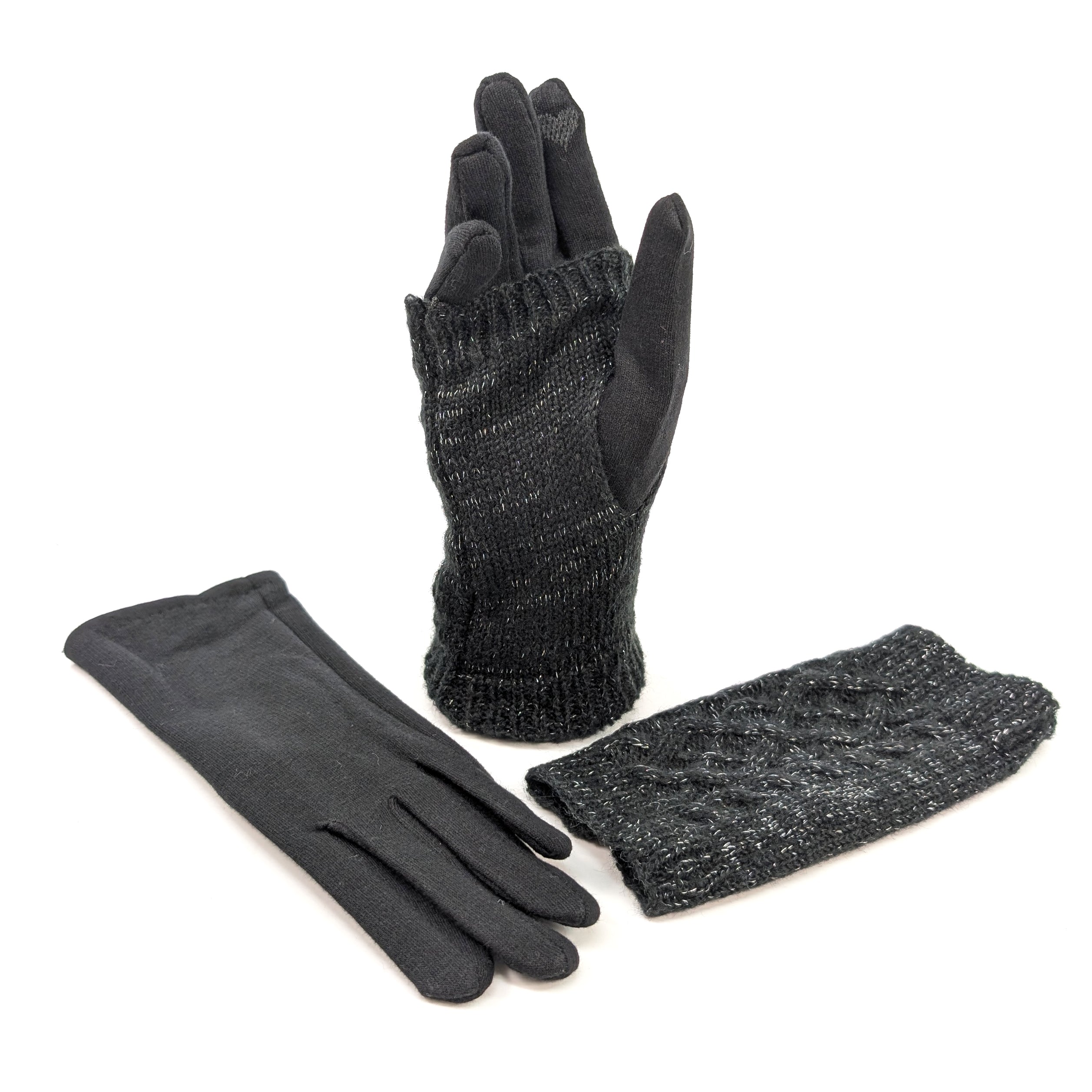 Cable Knit Two in One Sparkle Gloves - Black