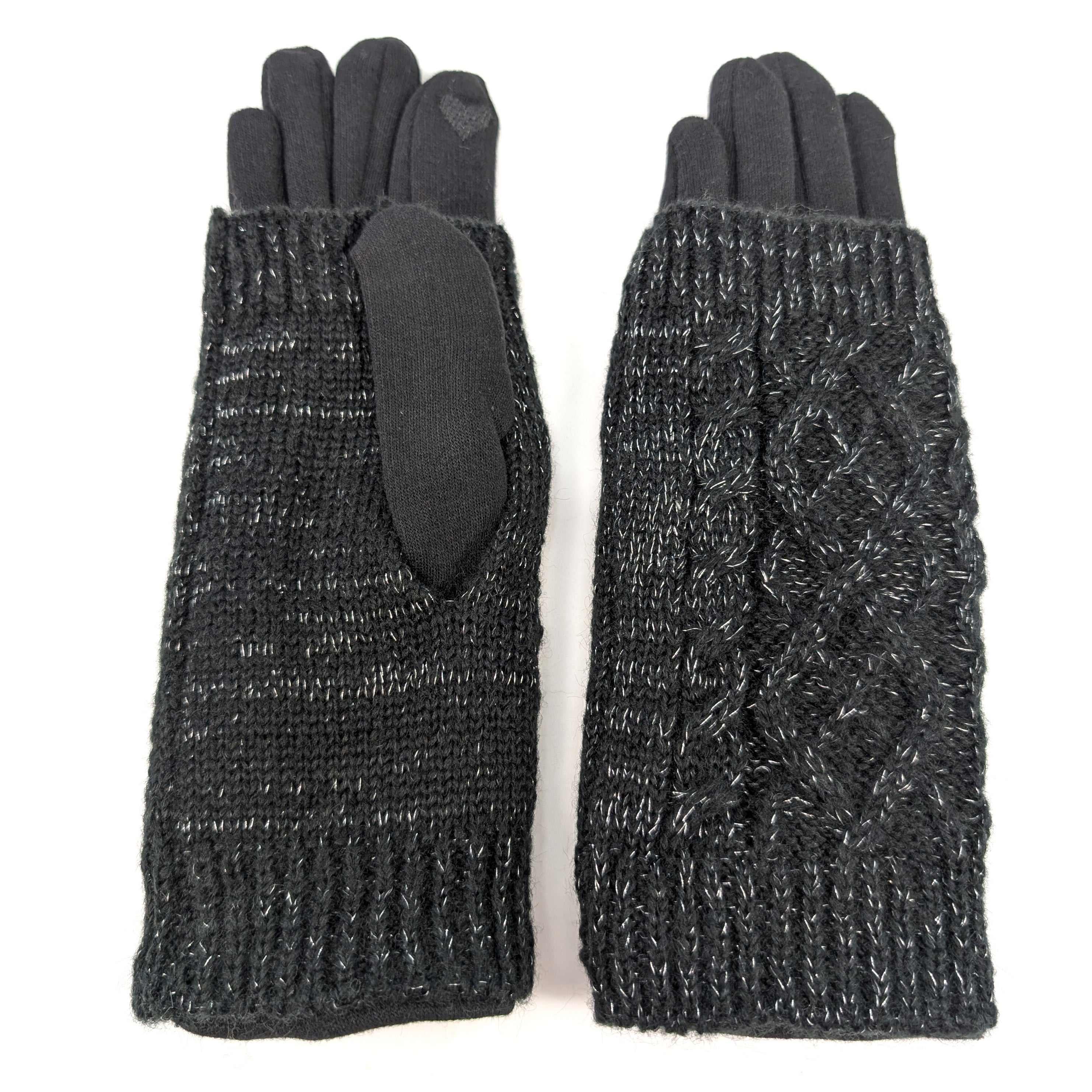 Cable Knit Two in One Sparkle Gloves - Black