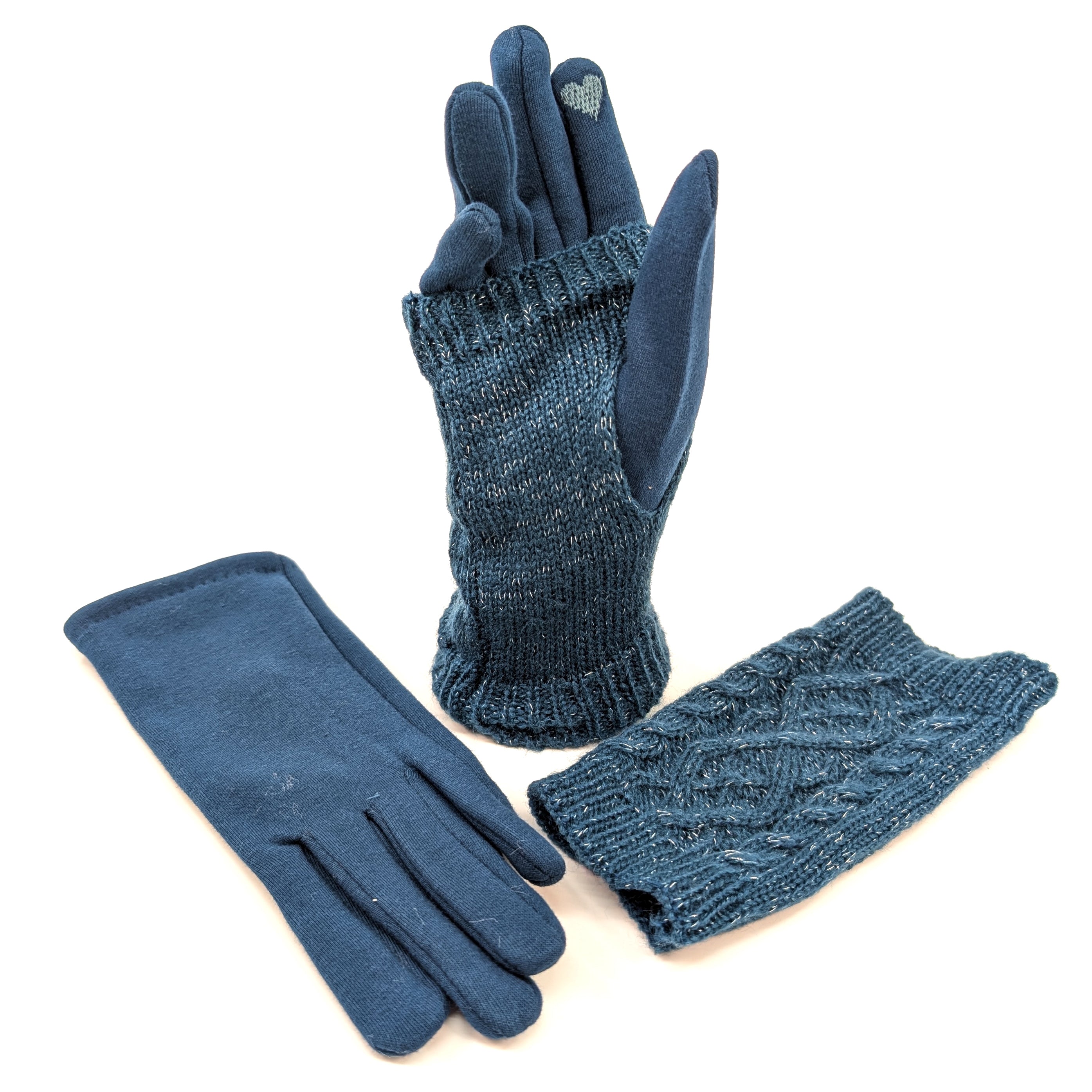 Cable Knit Two in One Sparkle Gloves - Teal