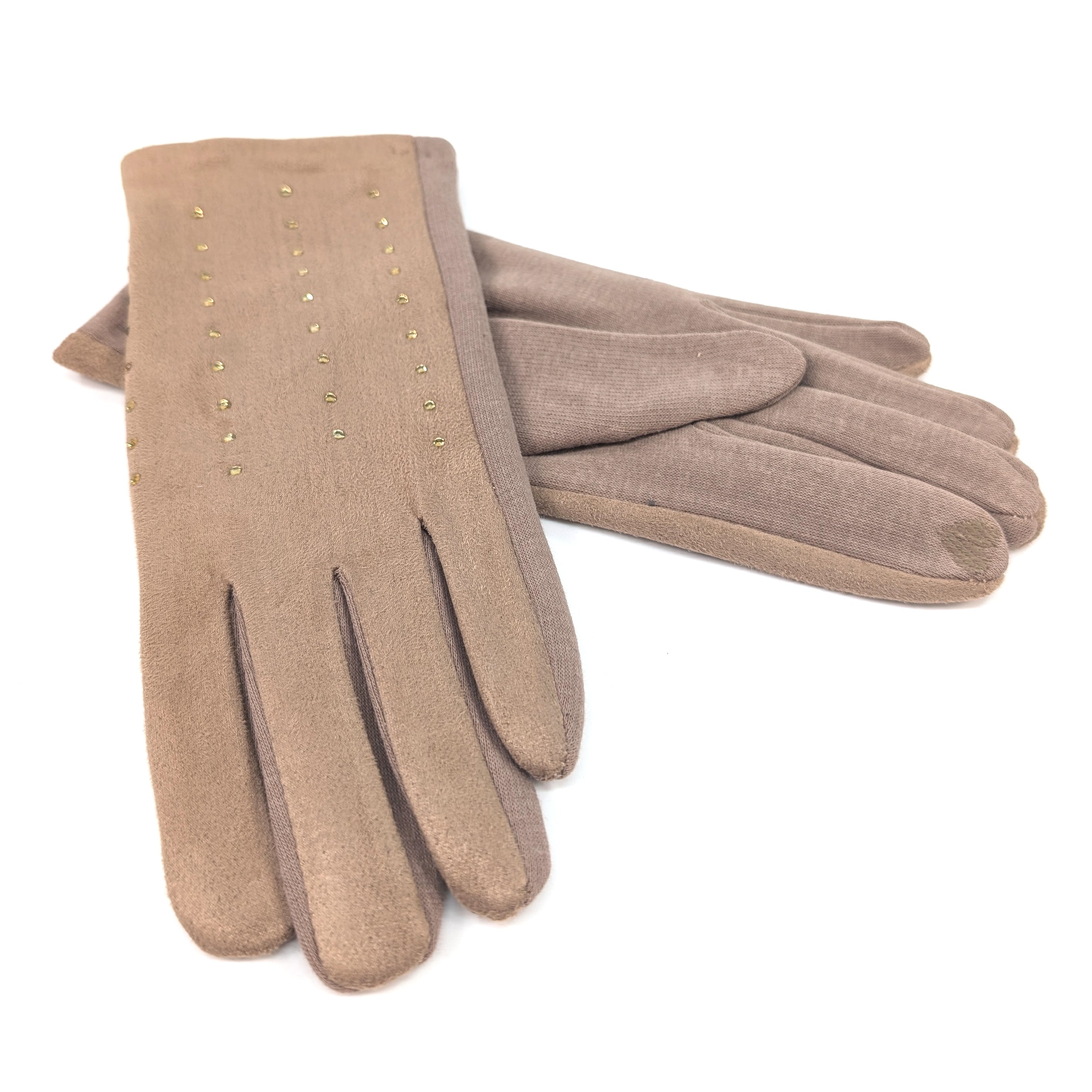 Diamante Suede Style Gloves - Biscuit