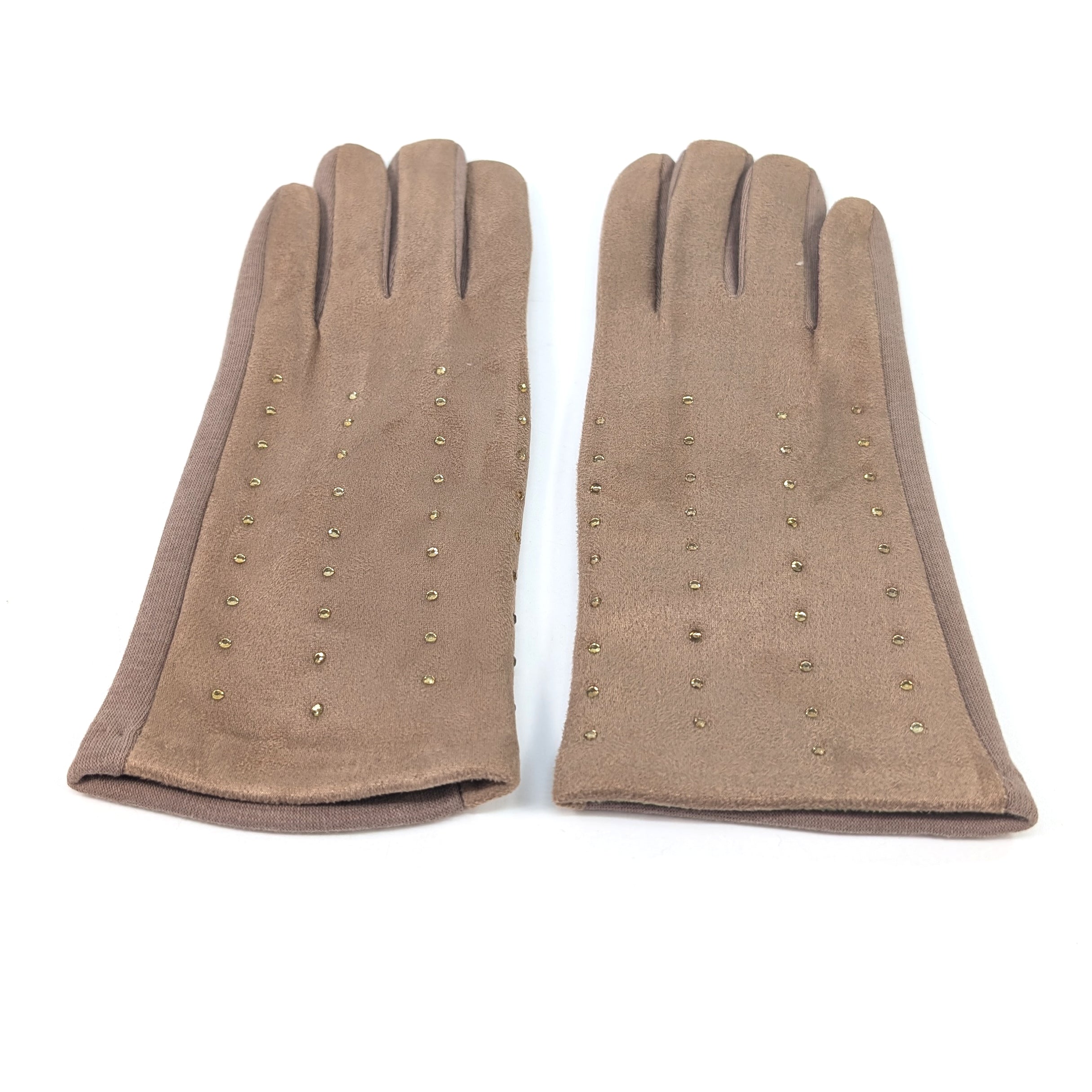 Diamante Suede Style Gloves - Biscuit