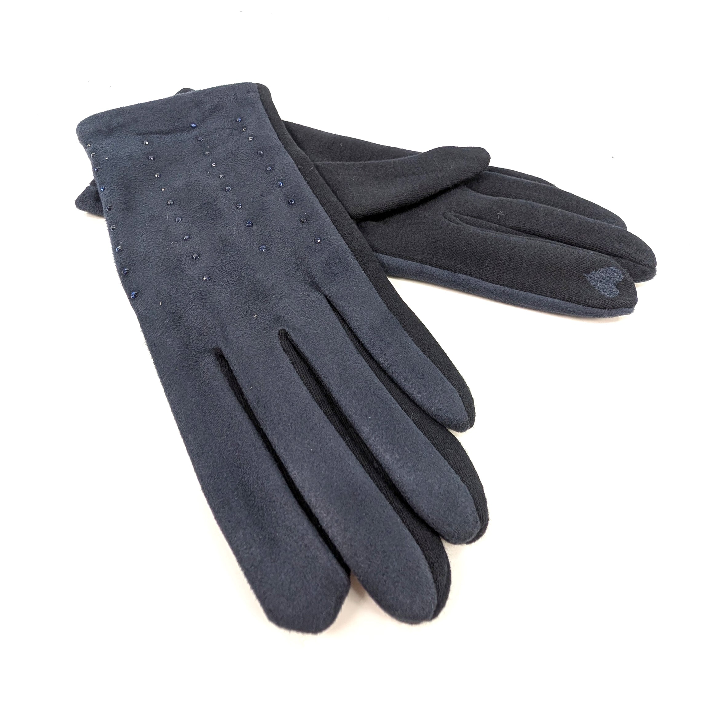 Diamante Suede Style Gloves - Navy Blue