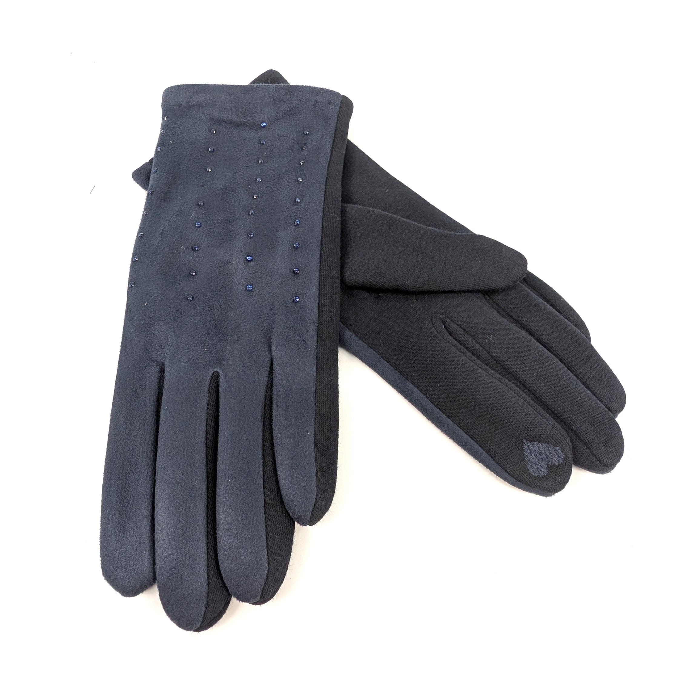 Diamante Suede Style Gloves - Navy Blue