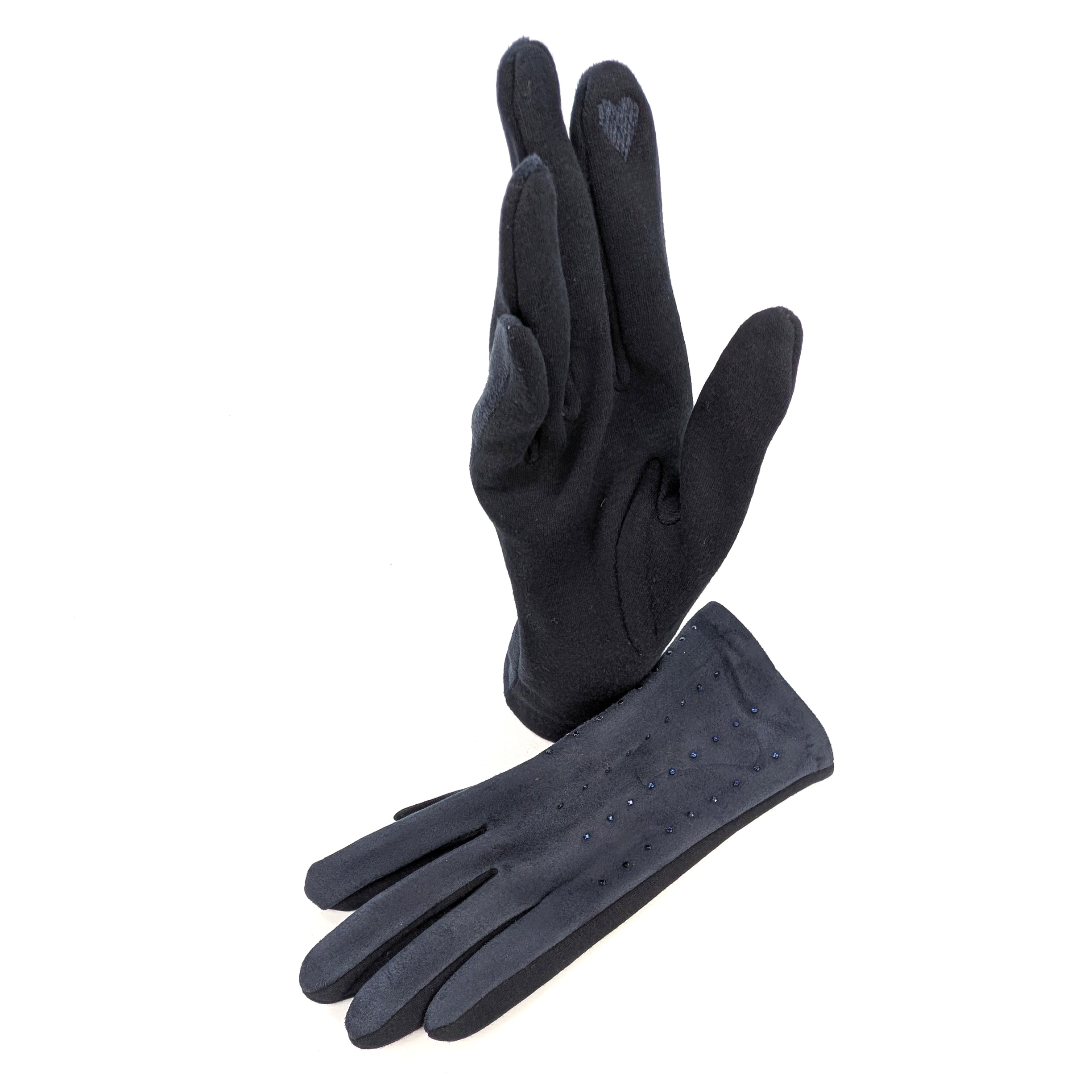 Diamante Suede Style Gloves - Navy Blue