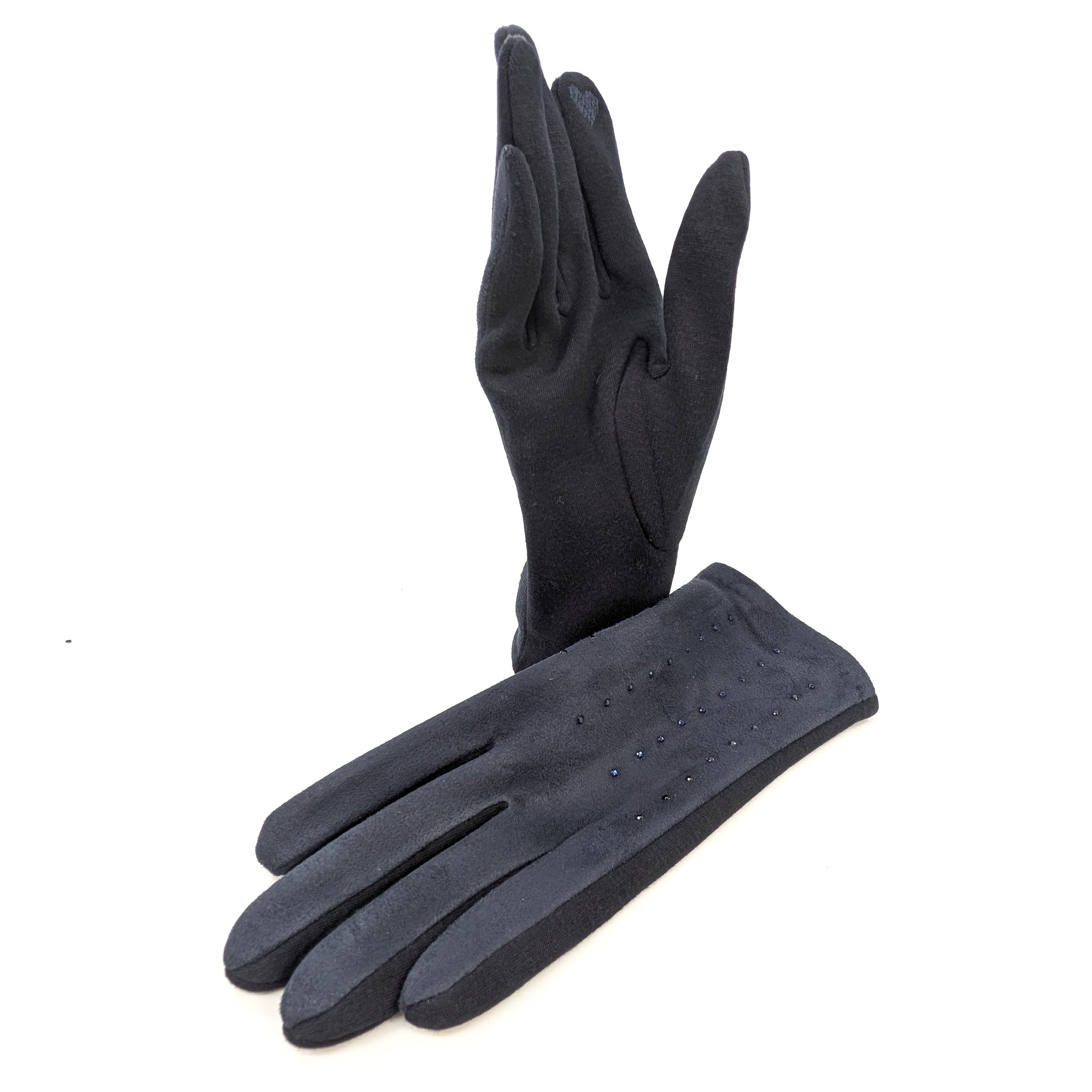 Diamante Suede Style Gloves - Navy Blue