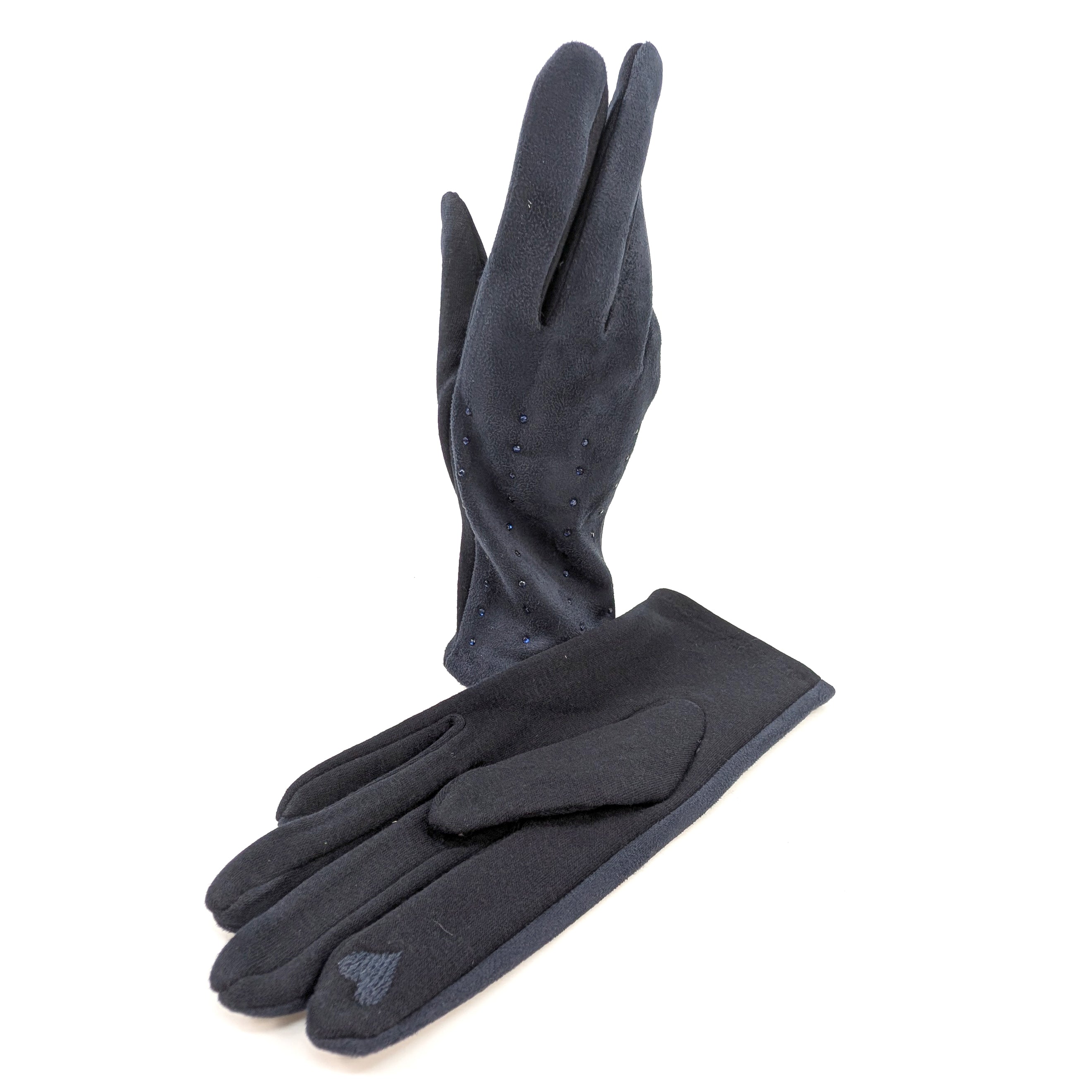 Diamante Suede Style Gloves - Navy Blue