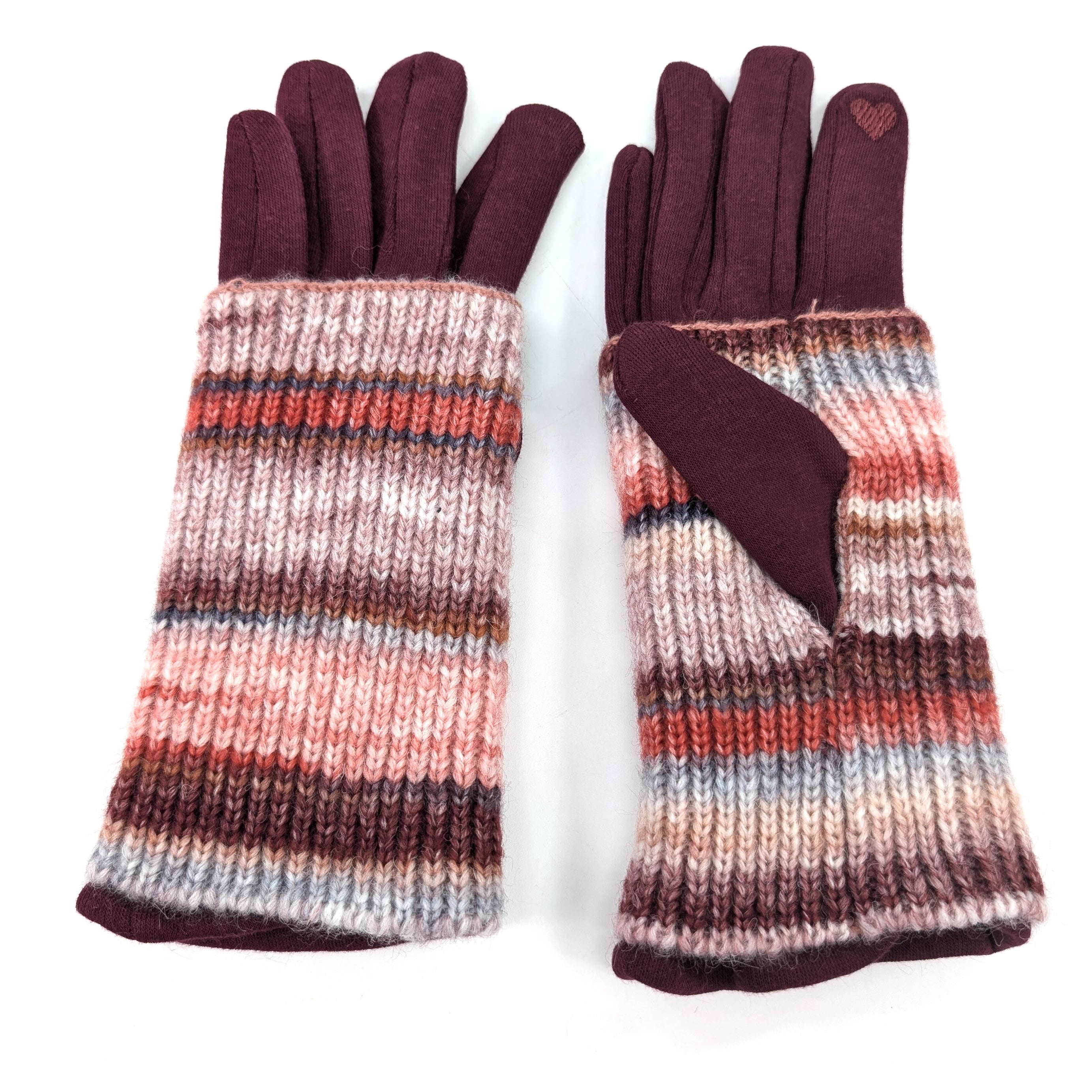 Multi Striped Two in One Gloves - Sangria Red