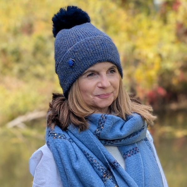 Sequin Faux Fur PomPom Hat - Navy Blue