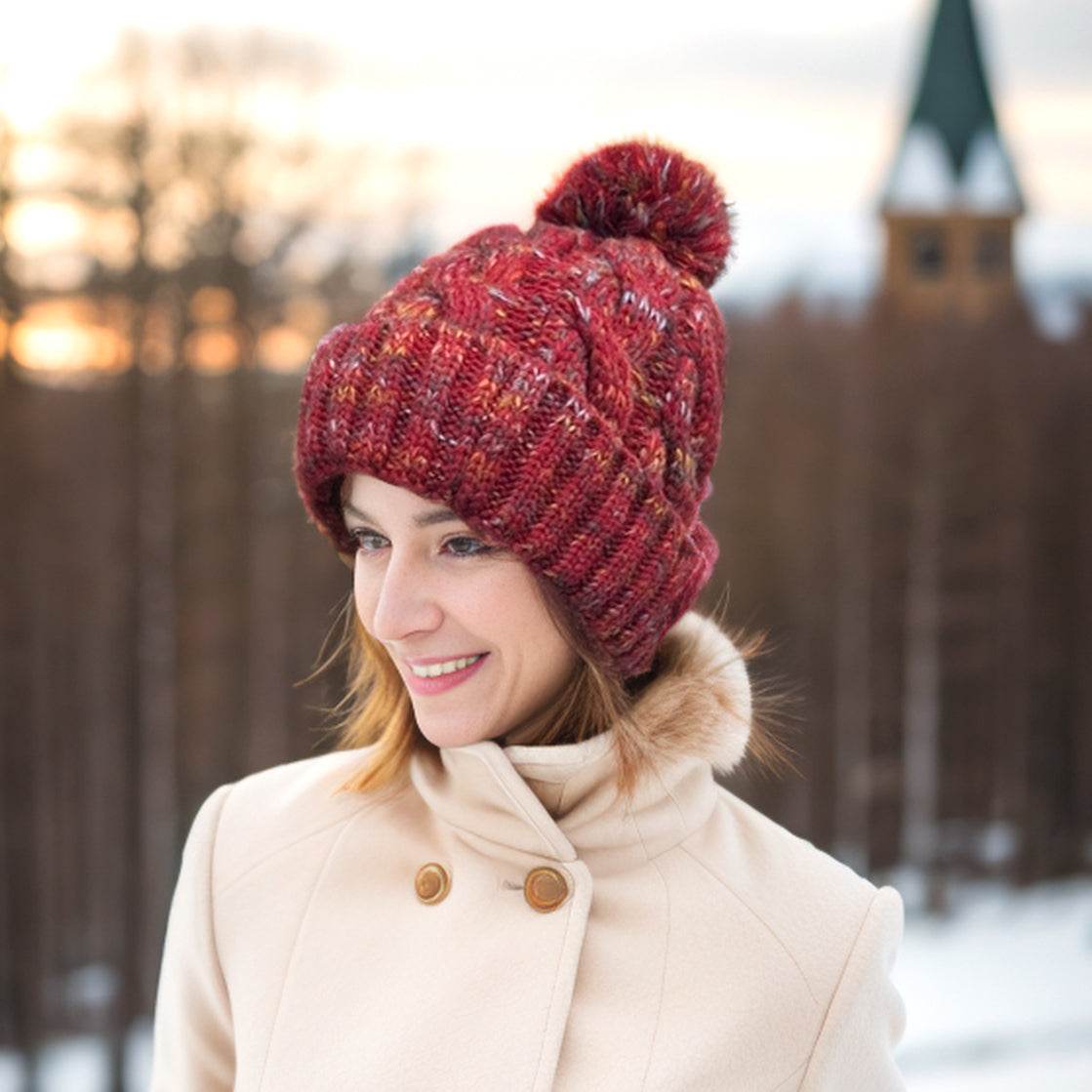 Mottled Cable Knit Bobble Hat - Red