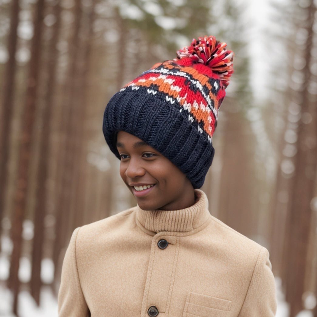 Nordic Style Children's Bobble Hat (Large) - Red/Navy