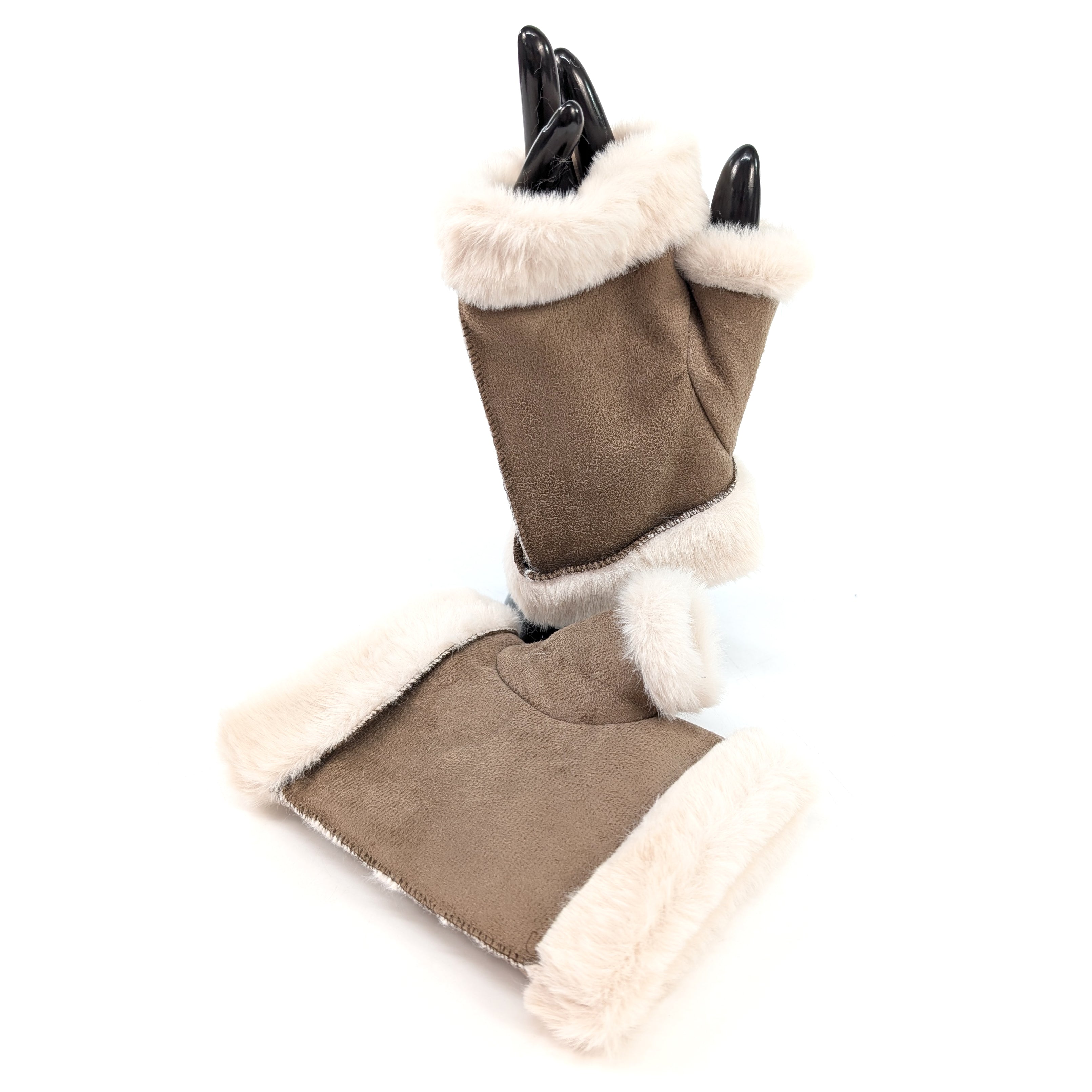 Sheepskin Style Fingerless Gloves - Camel