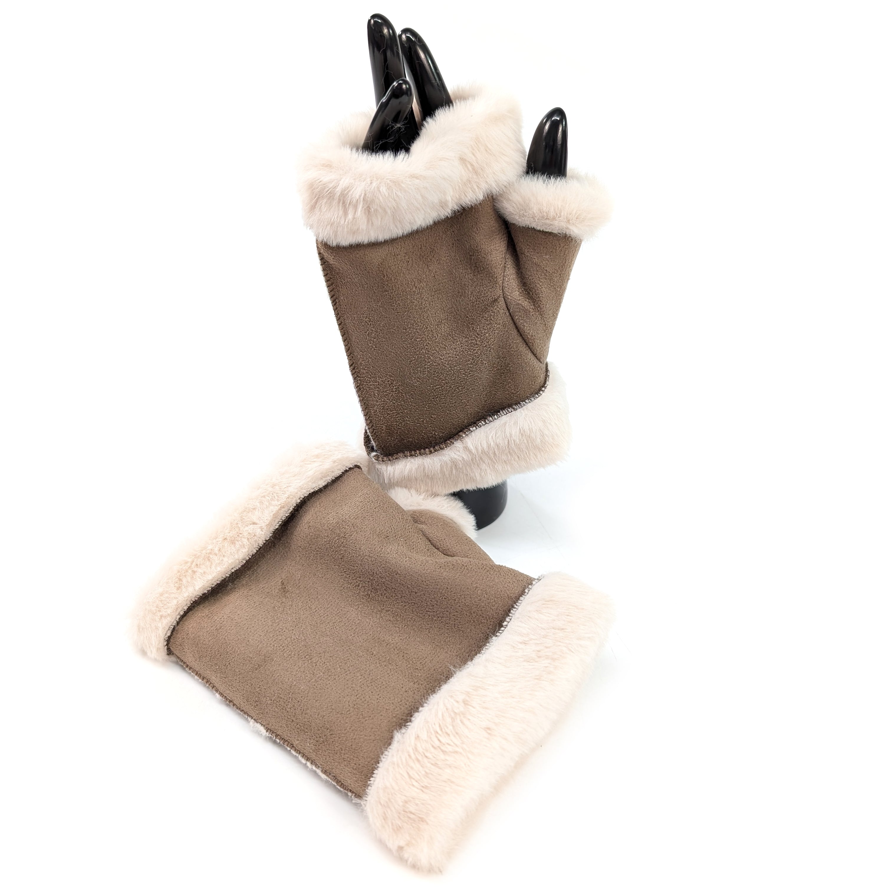 Sheepskin Style Fingerless Gloves - Camel