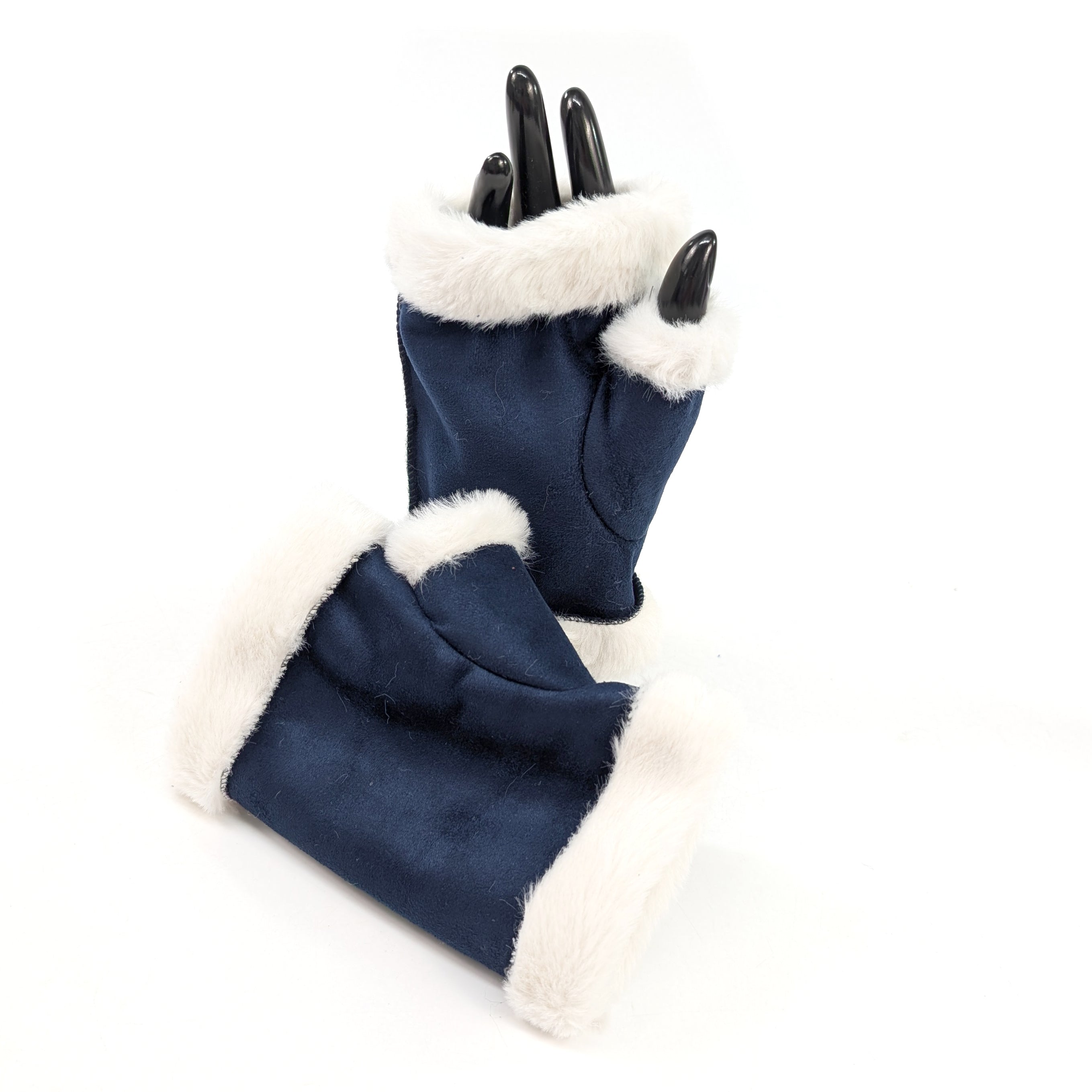 Sheepskin Style Fingerless Gloves - Navy Blue