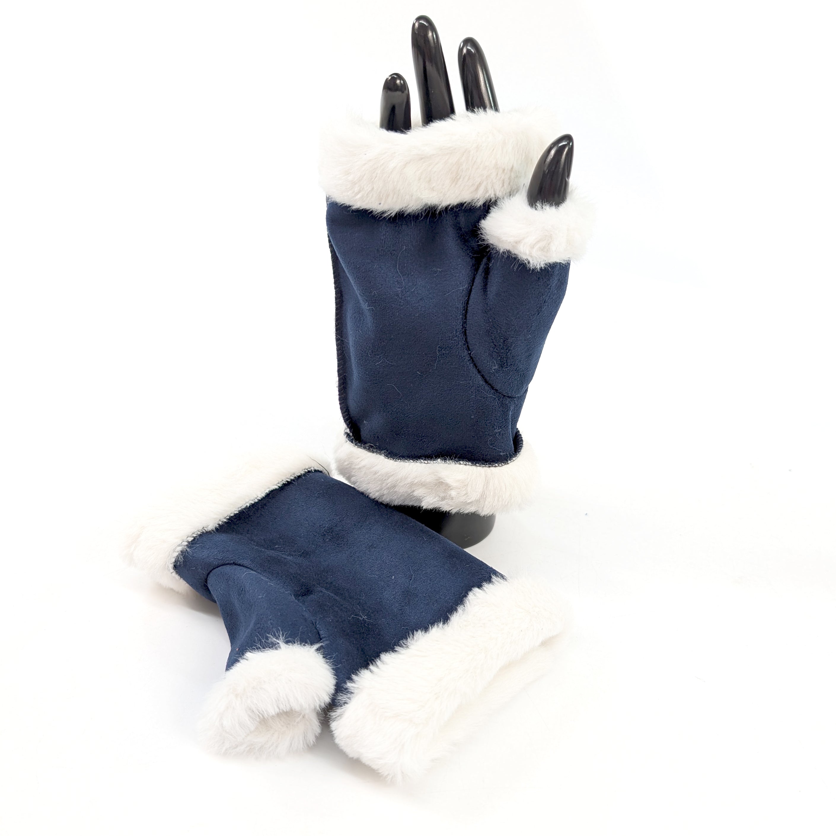 Sheepskin Style Fingerless Gloves - Navy Blue