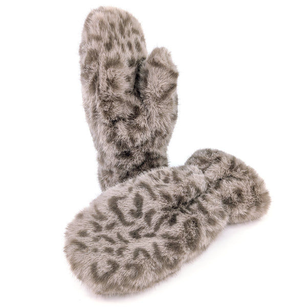 Faux Fur Mittens - Light Brown Animal Print