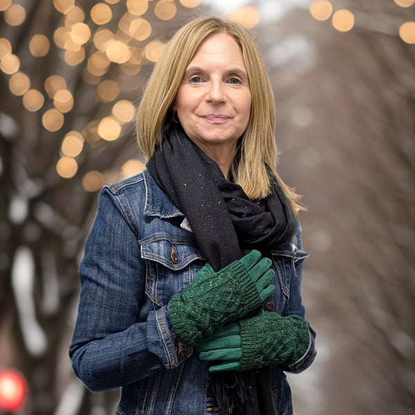 Cable Knit Two in One Sparkle Gloves - Bright Green