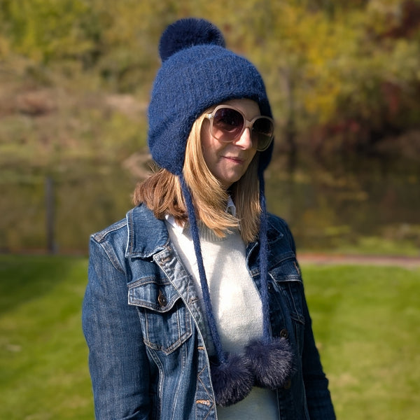Long Tie PomPom Knitted Hat - Navy Blue