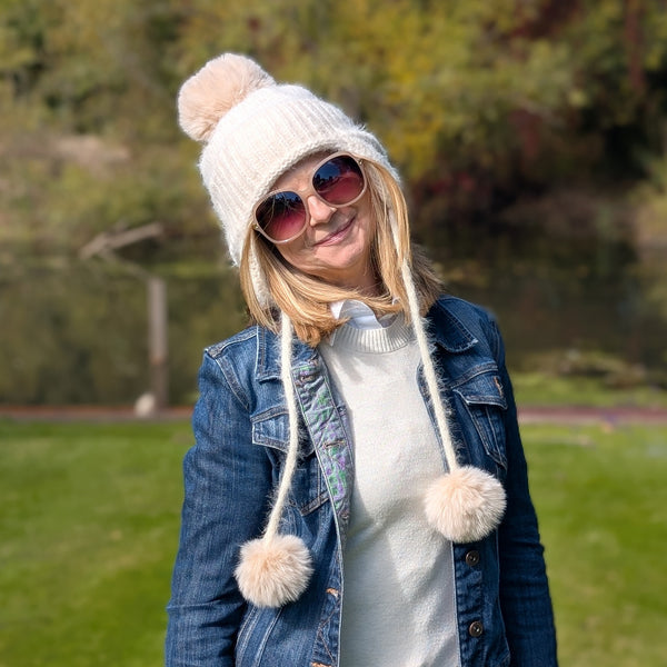 Long Tie PomPom Knitted Hat - Cream