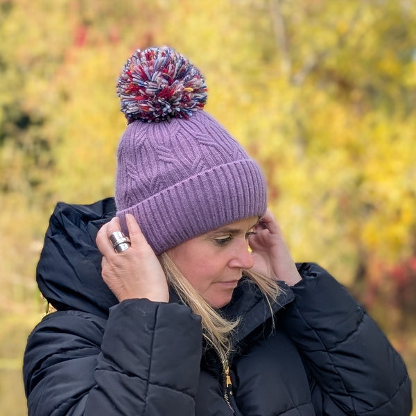 Multicoloured PomPom Knitted Hat - Purple