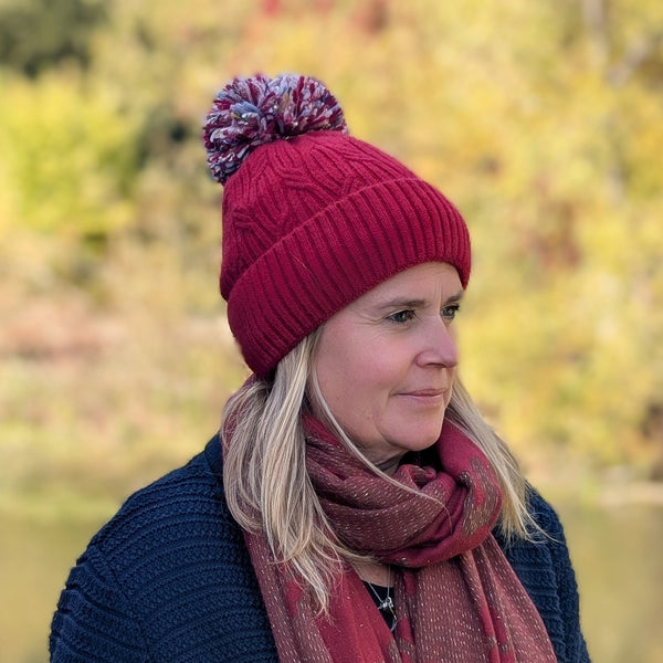 Multicoloured PomPom Knitted Hat - Dark Red