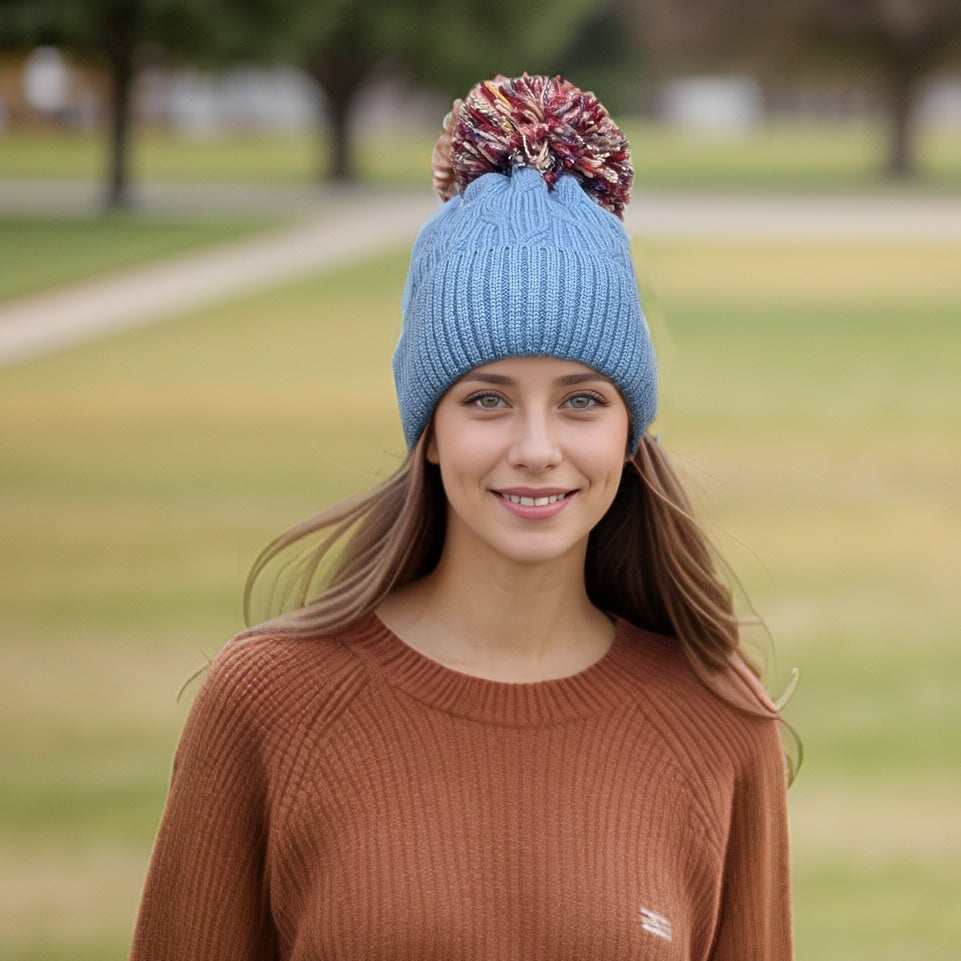 Multicoloured PomPom Knitted Hat - Denim Blue