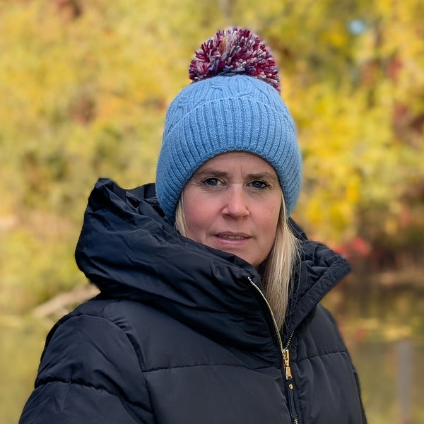 Multicoloured PomPom Knitted Hat - Denim Blue