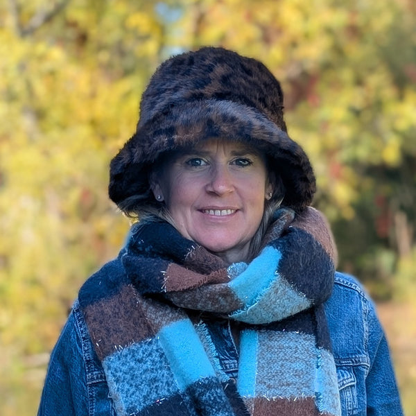 Faux Fur Bucket Hat - Dark Brown Animal Print