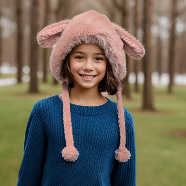 Faux Fur Rabbit Hat with Long Ties - Pink
