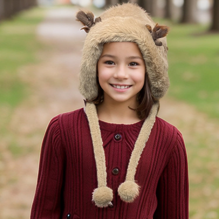 Faux Fur Reindeer Hat with Long Ties - Mink