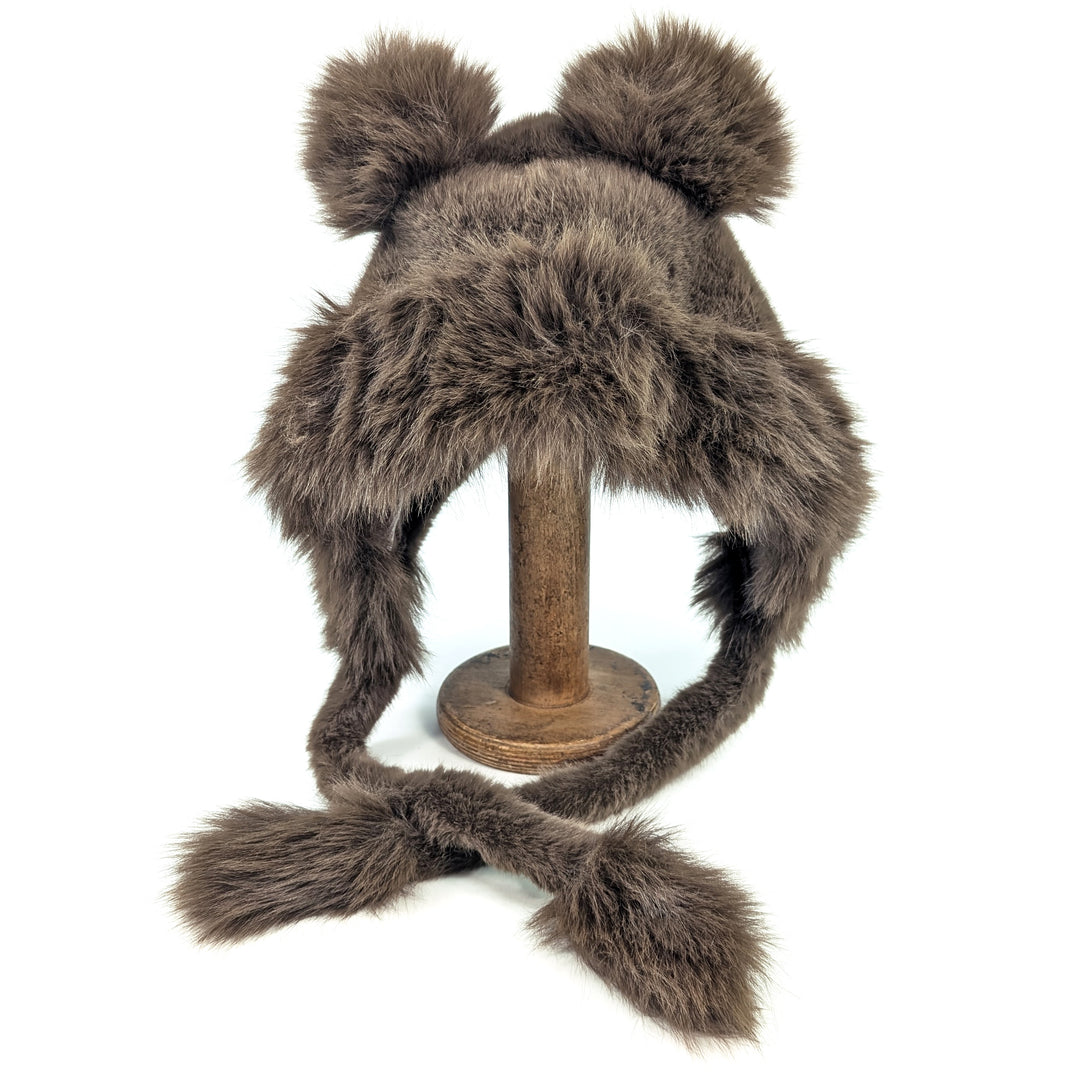 Faux Fur Brown Bear Hat with Long Ties - Dark Brown