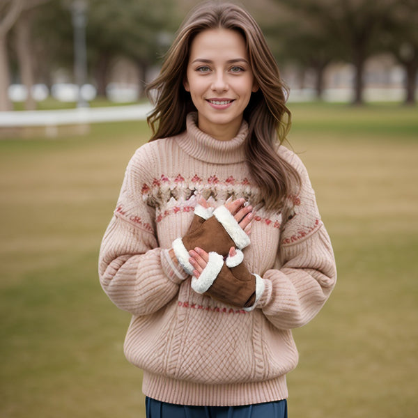 Sheepskin Style Fingerless Gloves - Tan