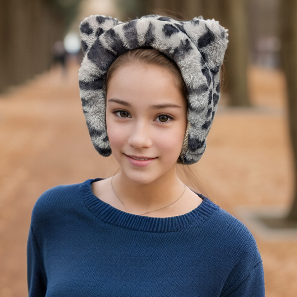 Bear Ear Head Band/Muffs - Grey Animal Print