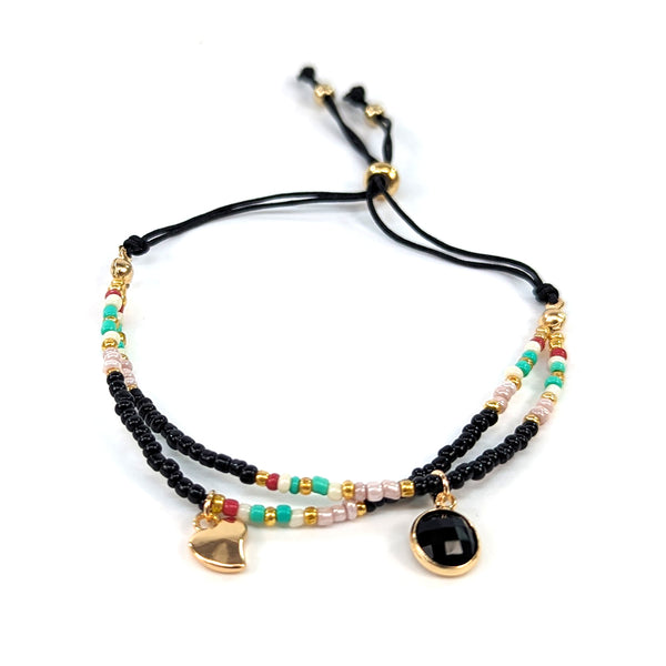 Adjustable Double Seed Bead Bracelet - Black