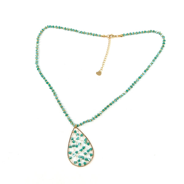 Tear Drop Crystal Necklace - Turquoise
