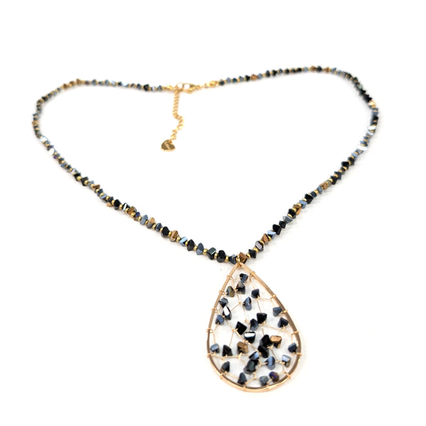 Tear Drop Crystal Necklace - Black
