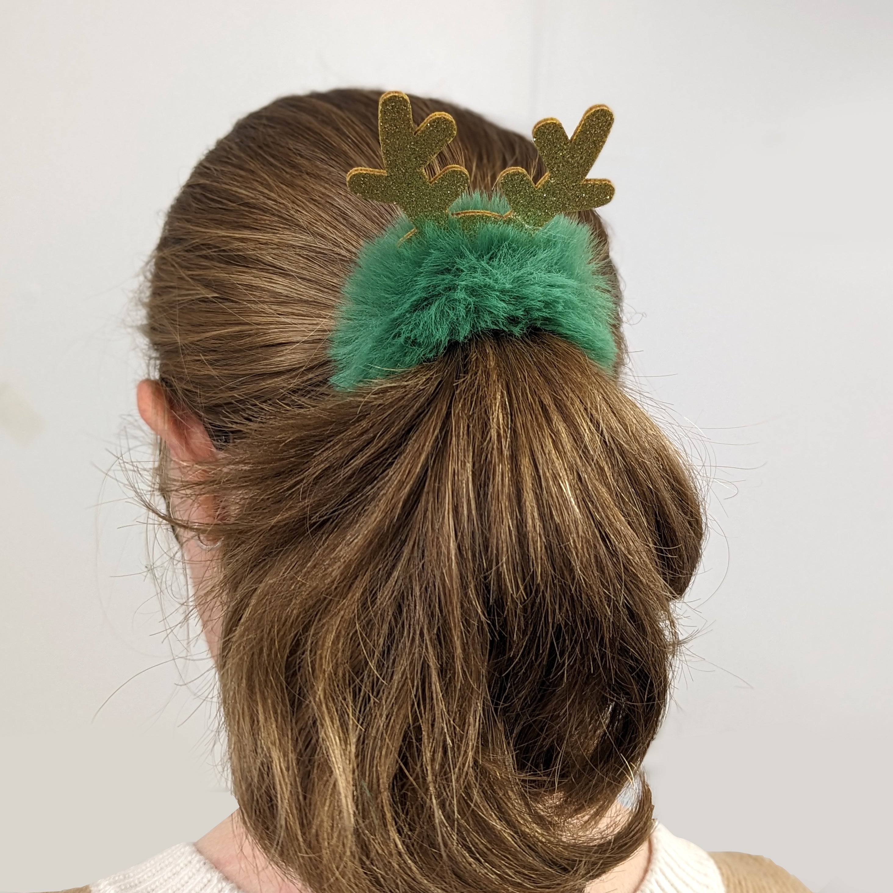 Green Faux Fur Hairband with Sparkly Reindeer Antlers