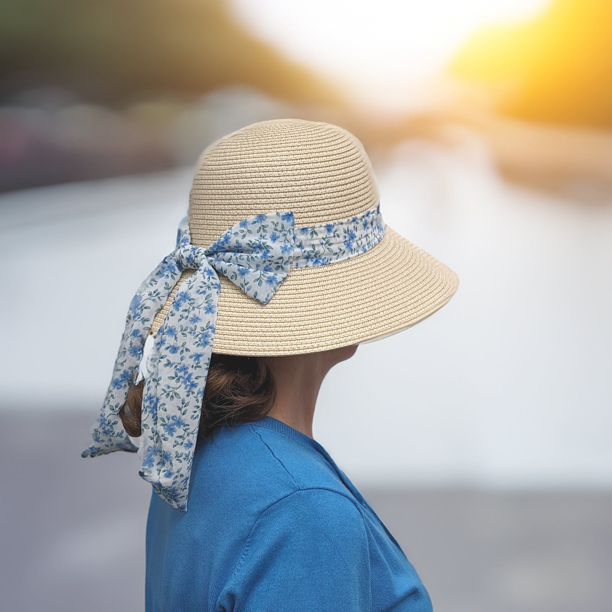 Folding Ladies Travel Sun Hat - Natural Daisy Ribbon (57cm)