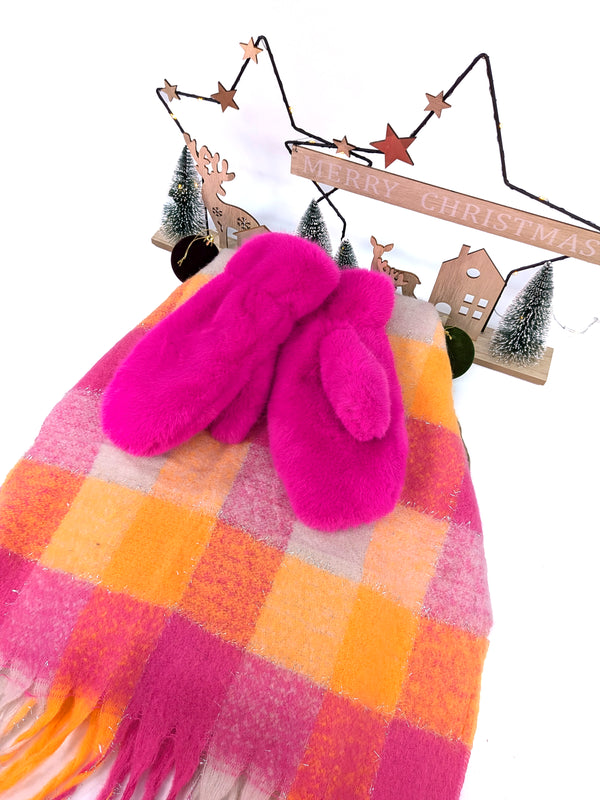 Bright & Bold Gift Set – Pink Faux Fur Mittens & Oversized Check Scarf